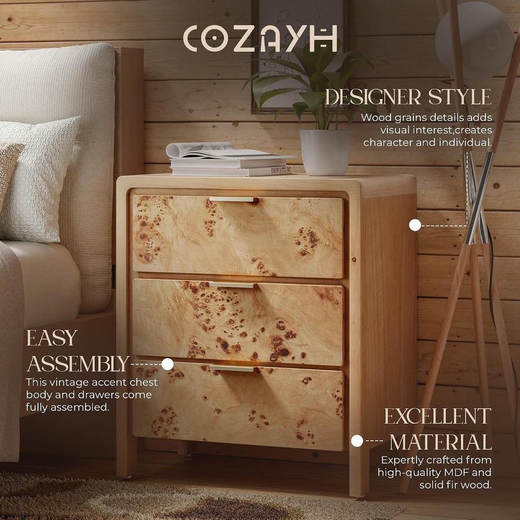 Natural Burl Wood 3 Drawer Farmhouse Nightstand