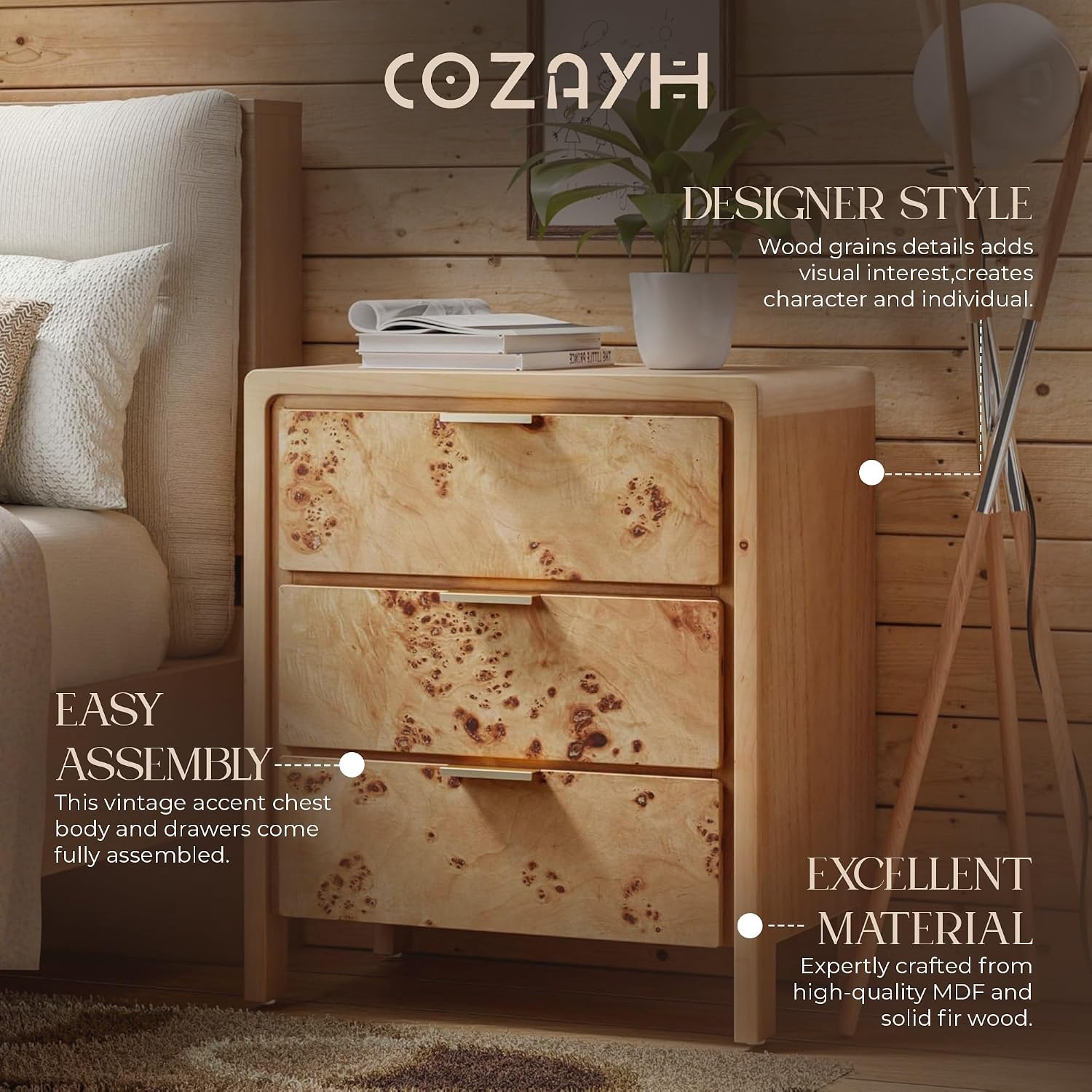 Natural Burl Wood 3 Drawer Farmhouse Nightstand