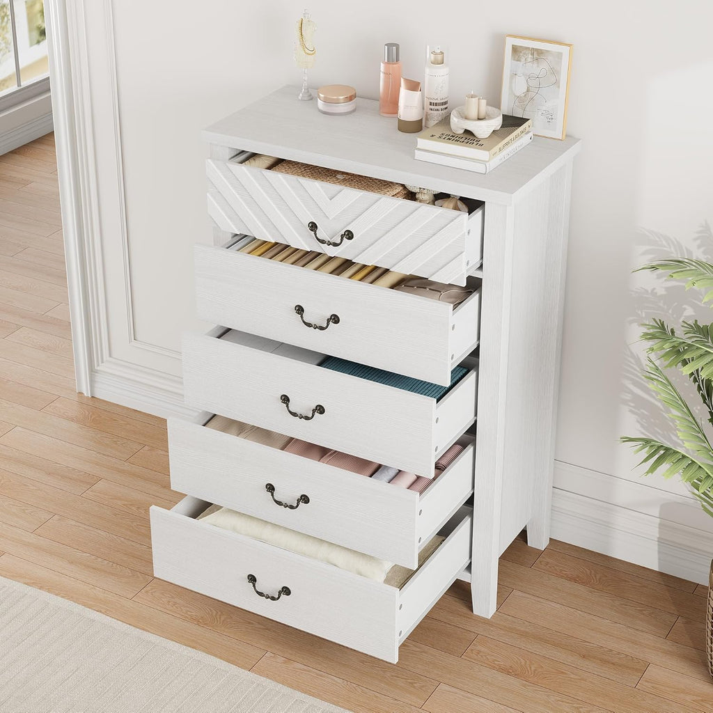 White V-Shape Front 5 Drawer Wooden Storage Dresser