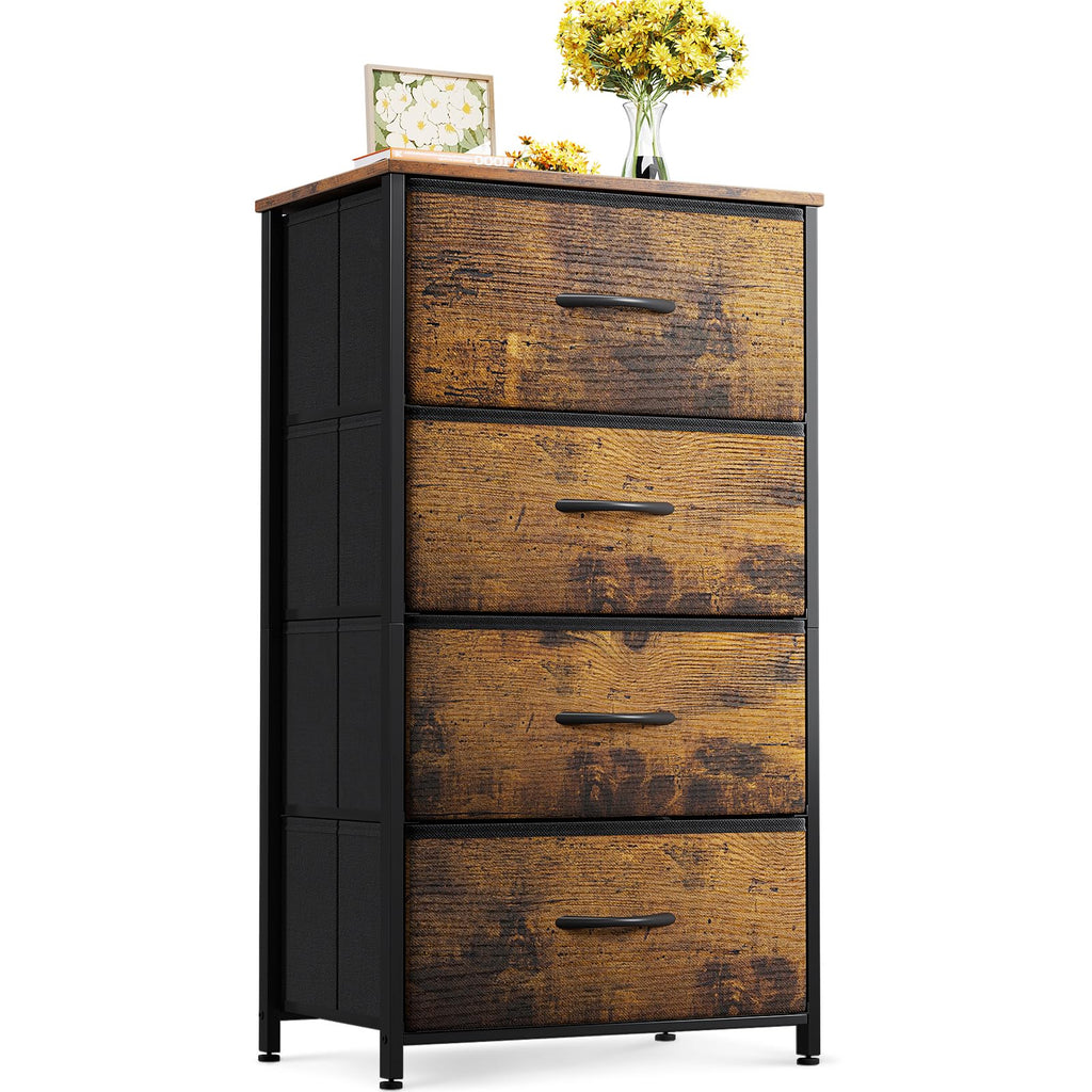 Black Wood Top 4 Drawer Small Fabric Dresser Cabinet
