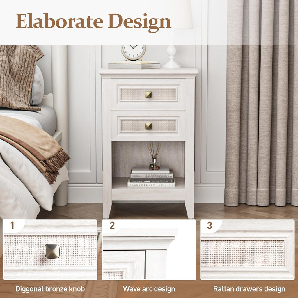 Grayish White Rattan 2 Drawer Bedroom Nightstand