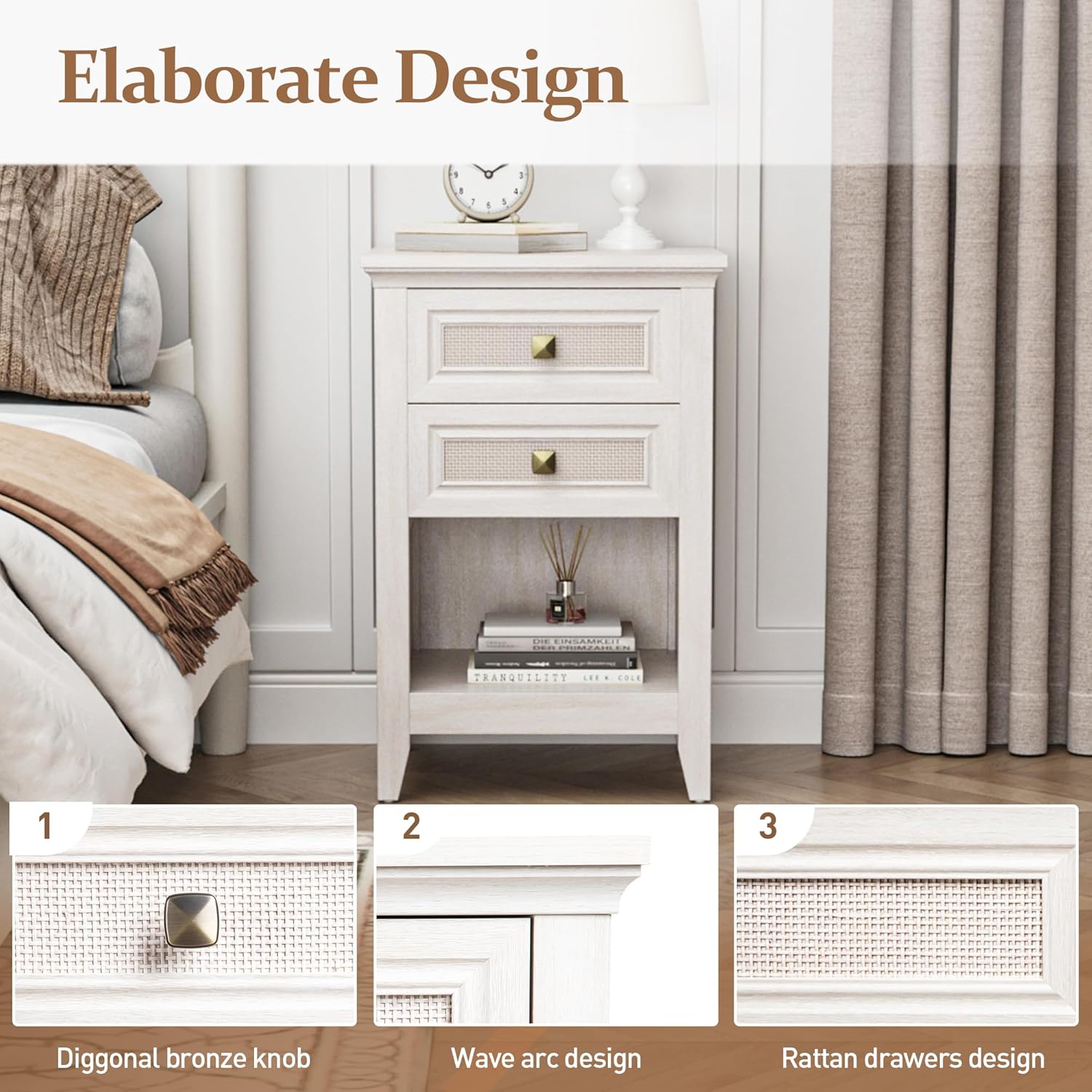 Grayish White Rattan 2 Drawer Bedroom Nightstand