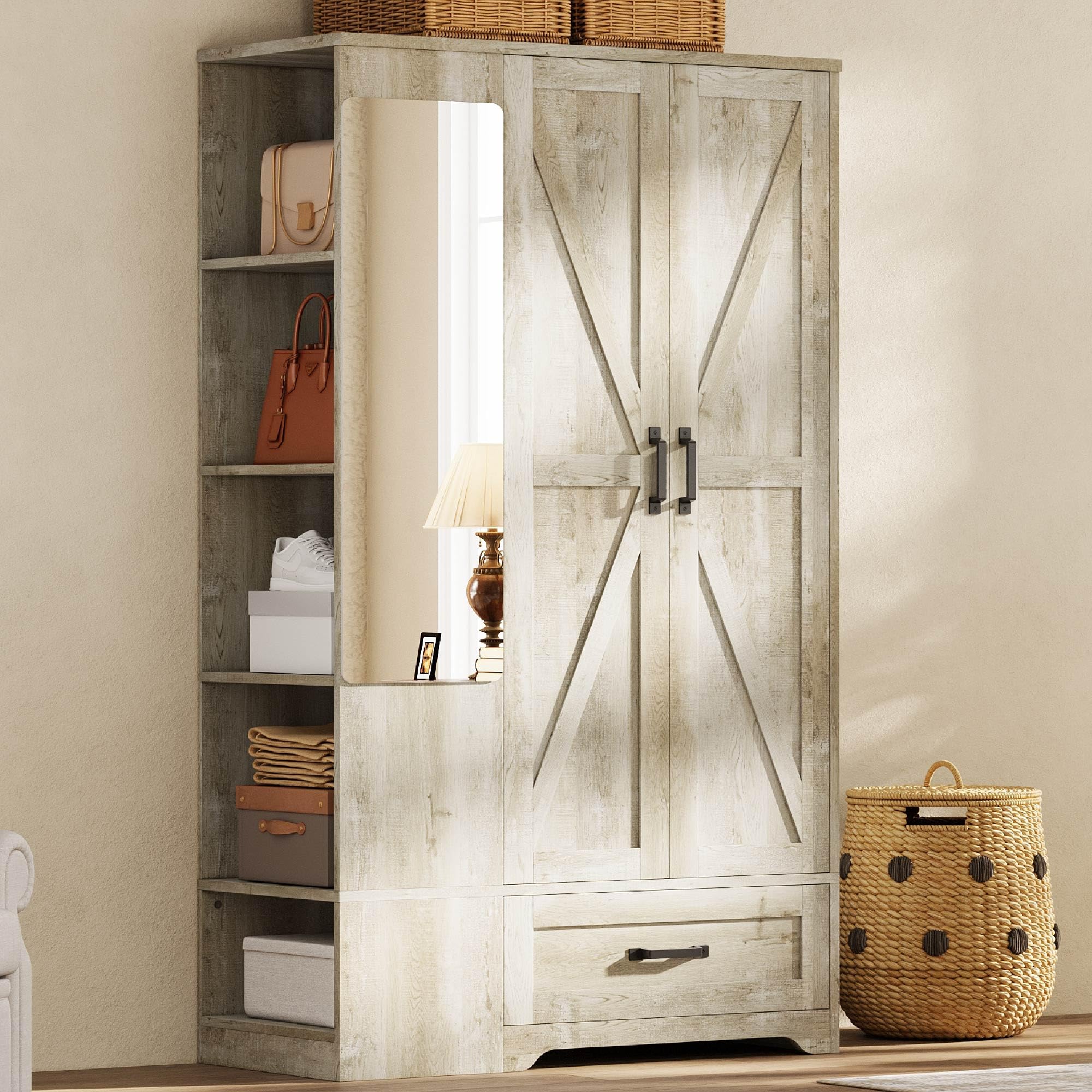 70 Inch White Freestanding Mirror Wardrobe Closet