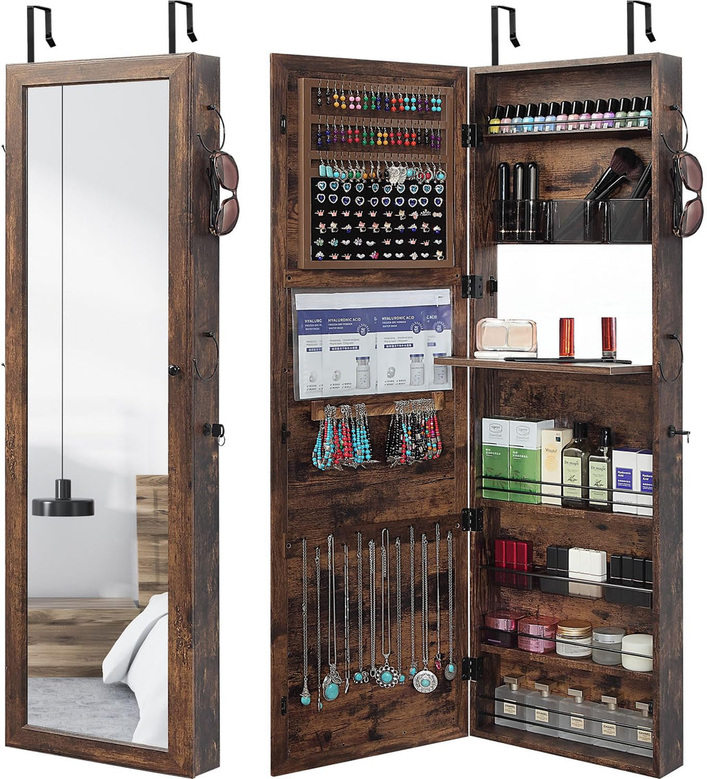 White Oak Lockable Full Length Jewelry Mirror Cabinet