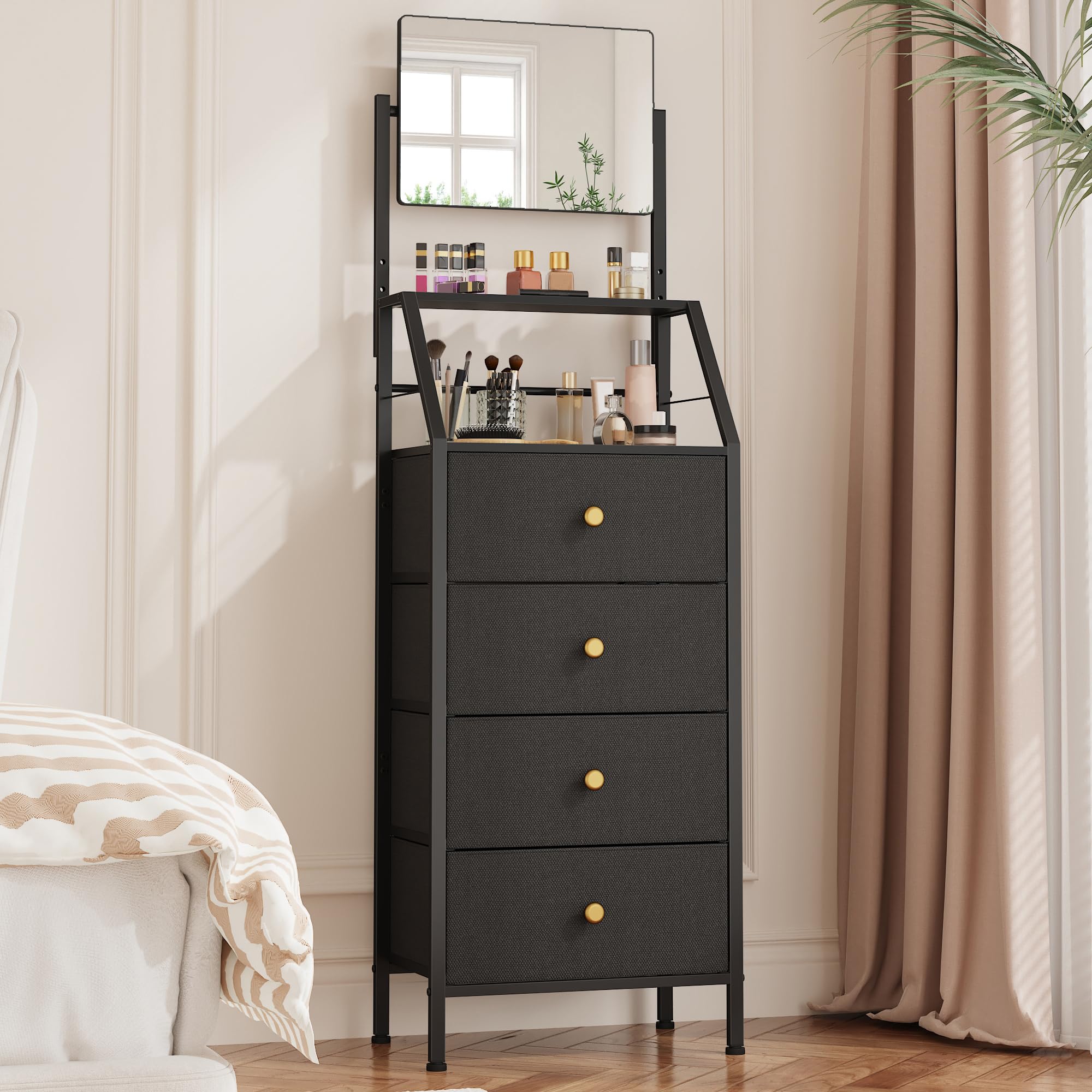 Rustic Brown 4 Drawer Fabric Dresser with Mirror Shelves