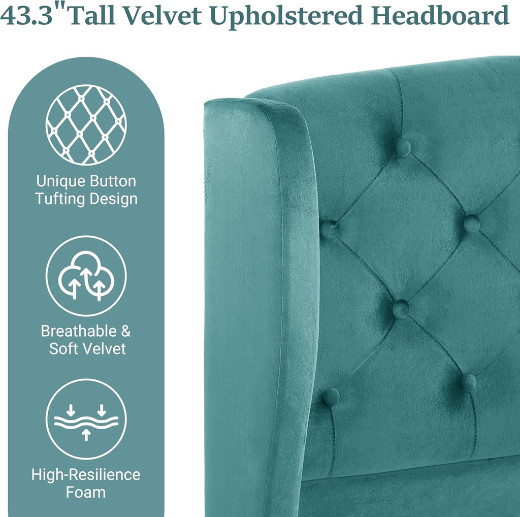 Turquoise Velvet King Sleigh Bed Wingback Tufted Design
