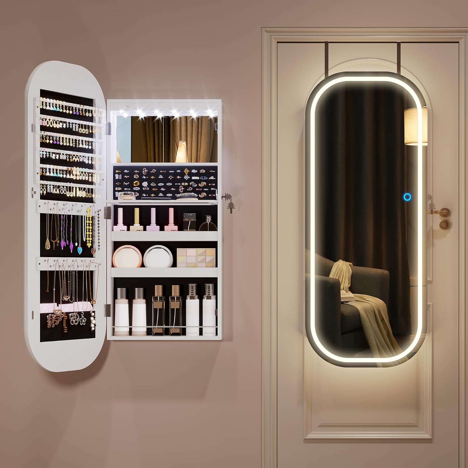 LED Lockable White Full Length Mounted Jewelry Armoire