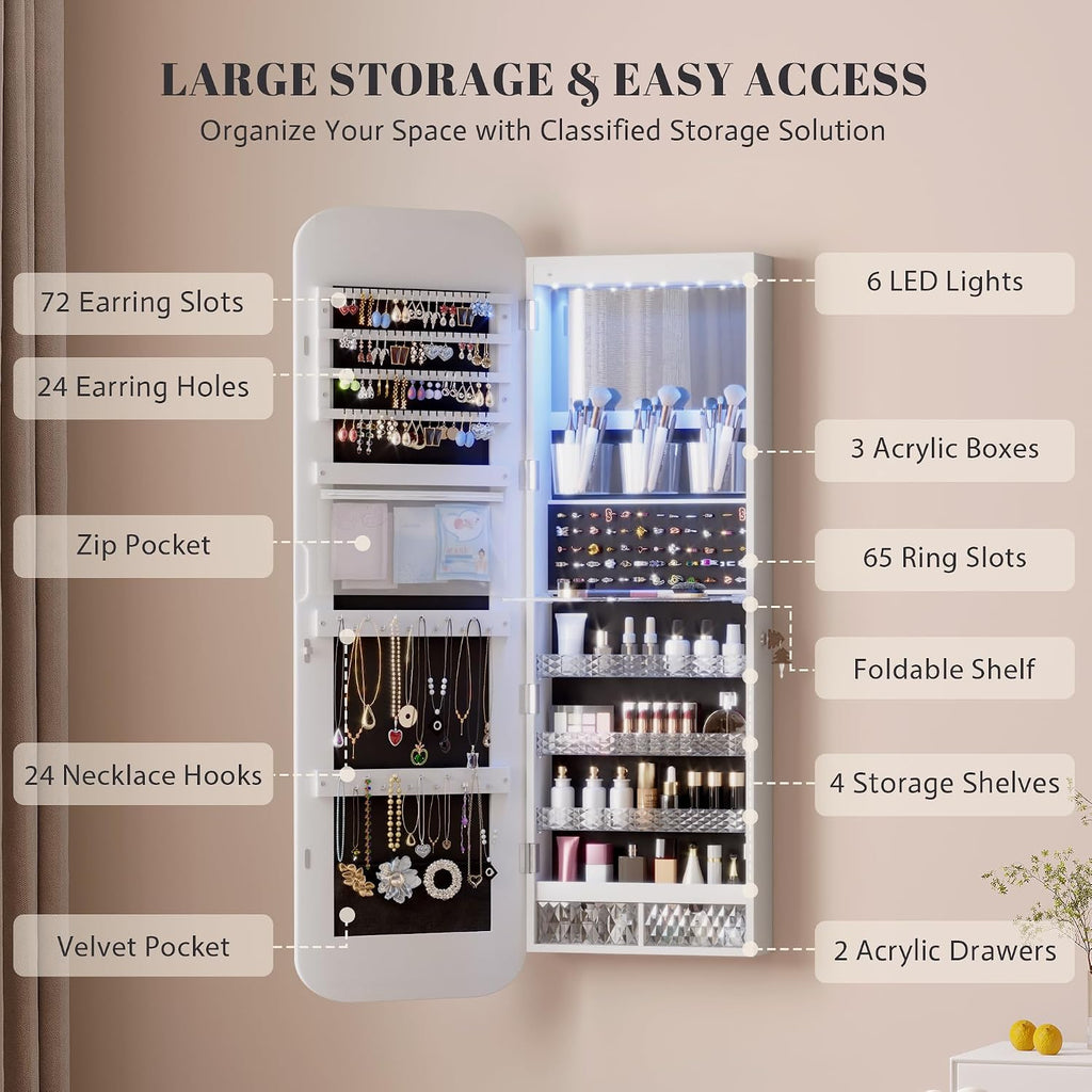 LED Lockable White Full Length Hanging Jewelry Cabinet