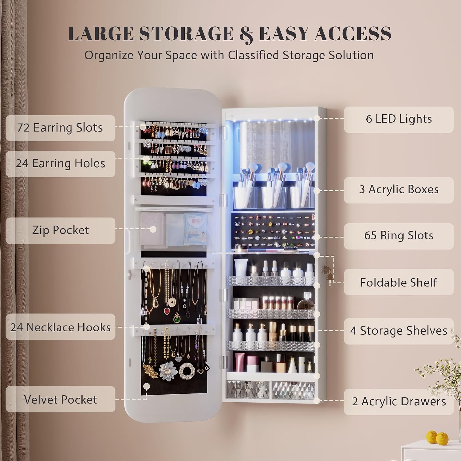 LED Lockable White Full Length Hanging Jewelry Cabinet