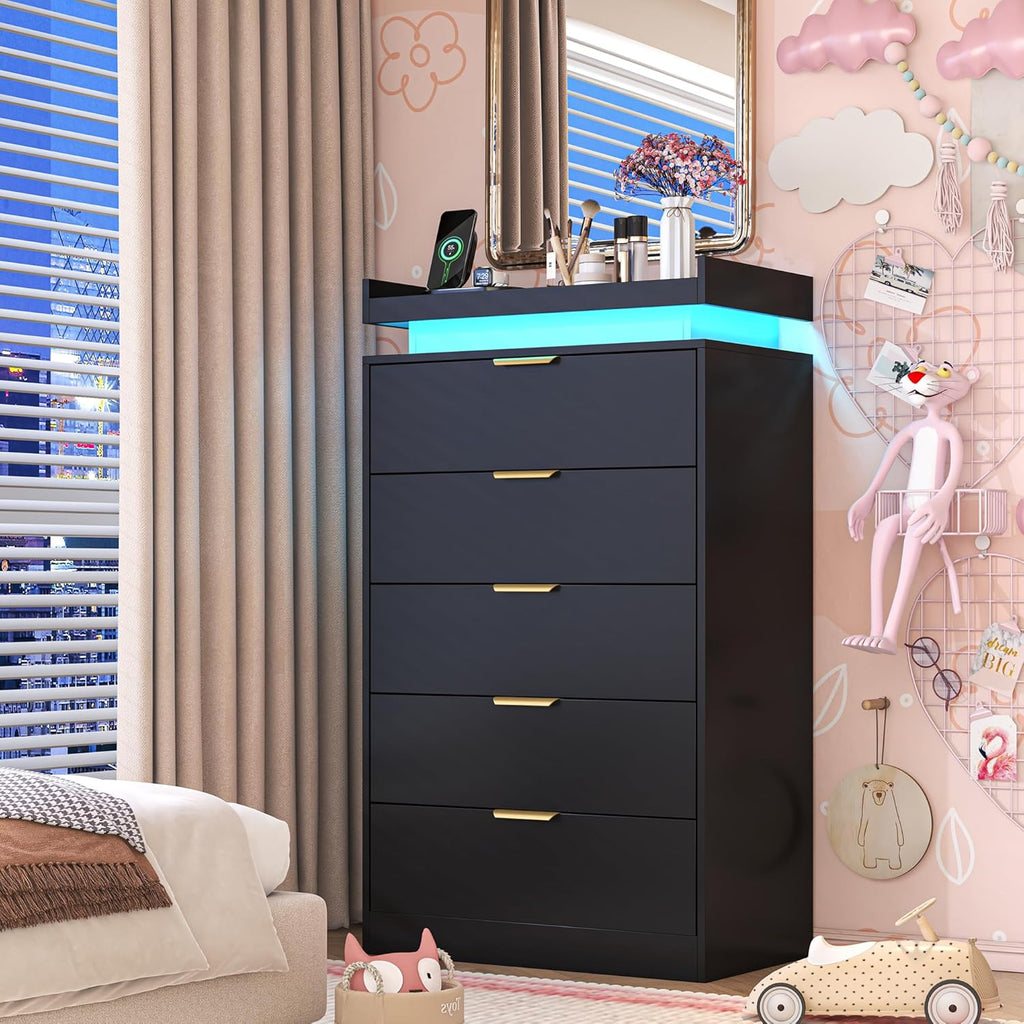 Black Wood 5 Drawer Tall Dresser LED & Power Outlet