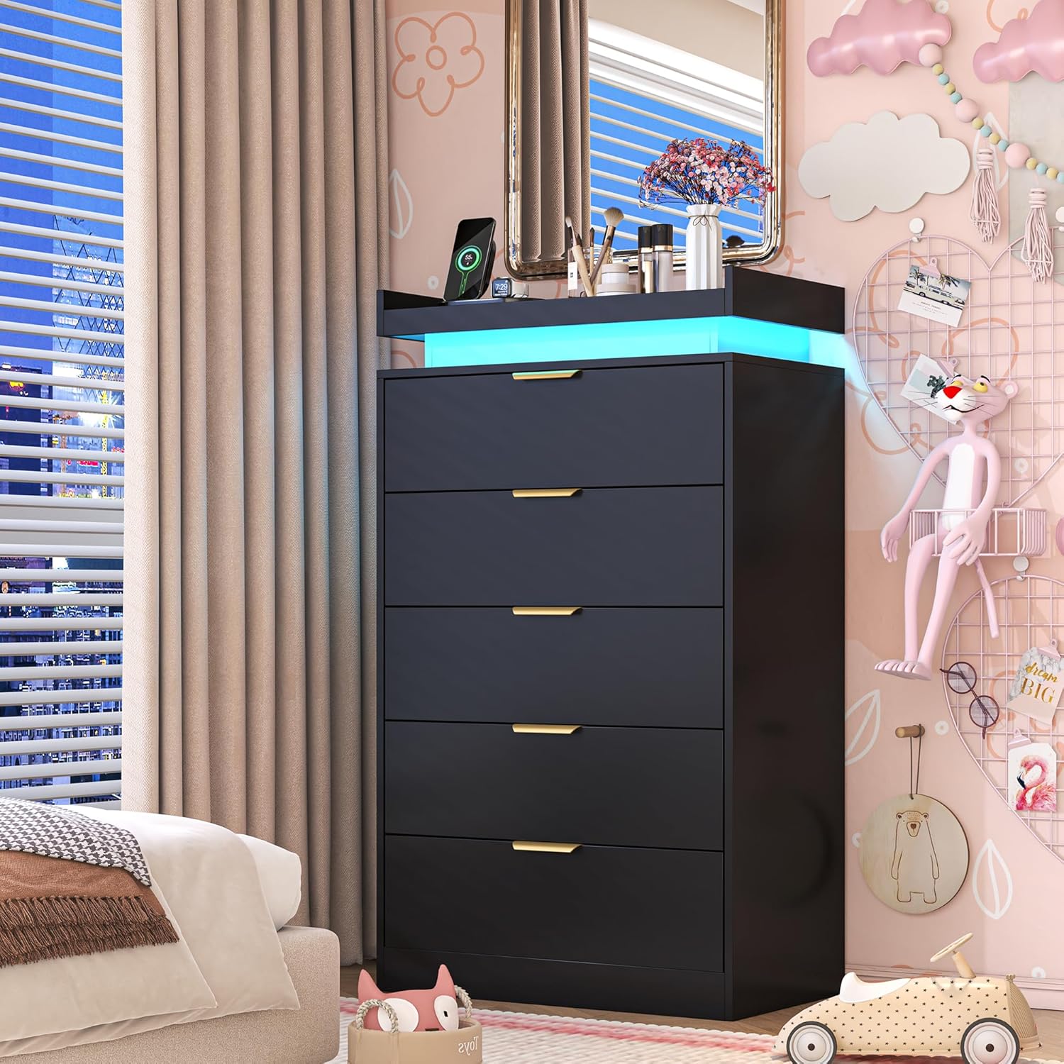 Black Wood 5 Drawer Tall Dresser LED & Power Outlet