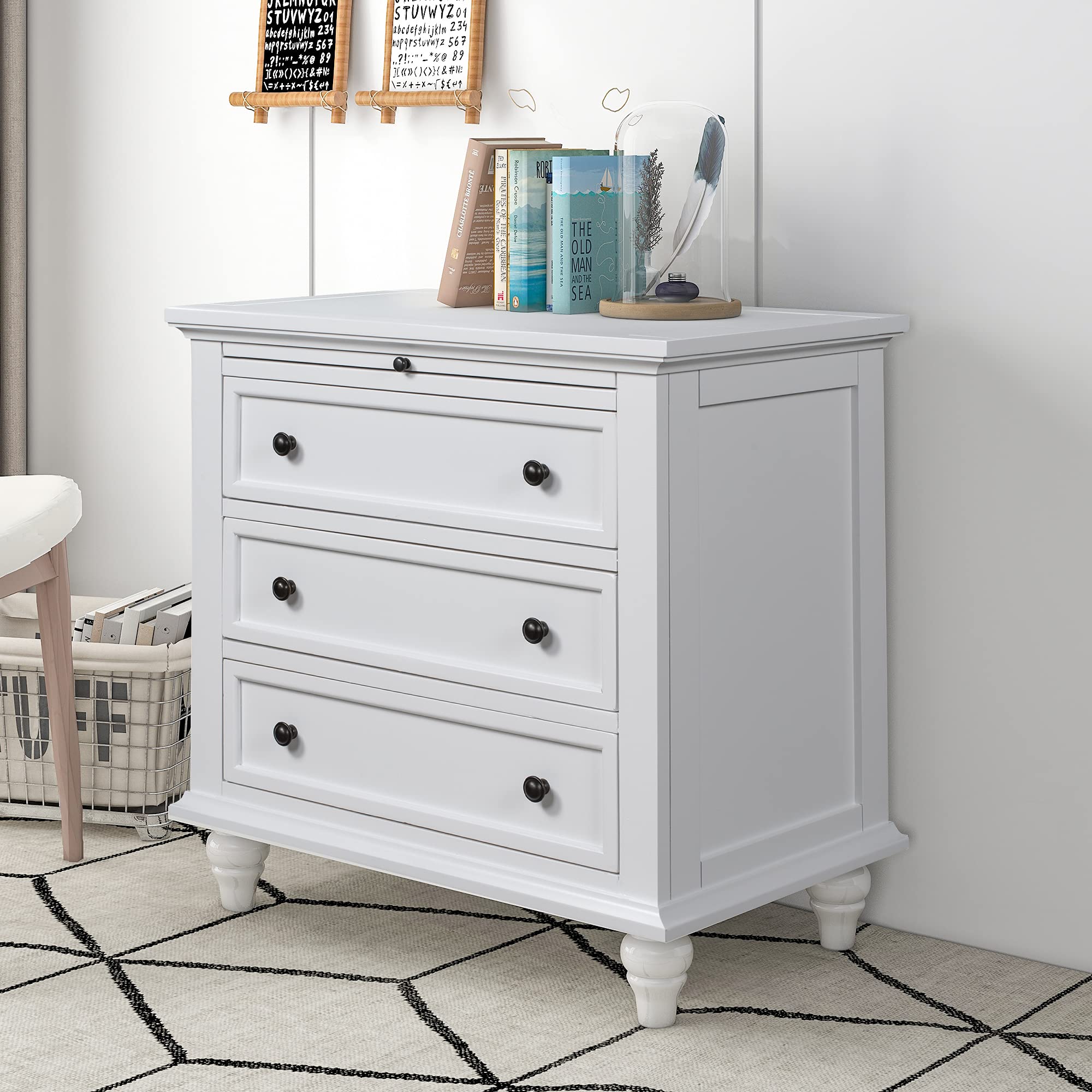 Brown Wood Nightstand 3 Drawers with Pull Out Tray
