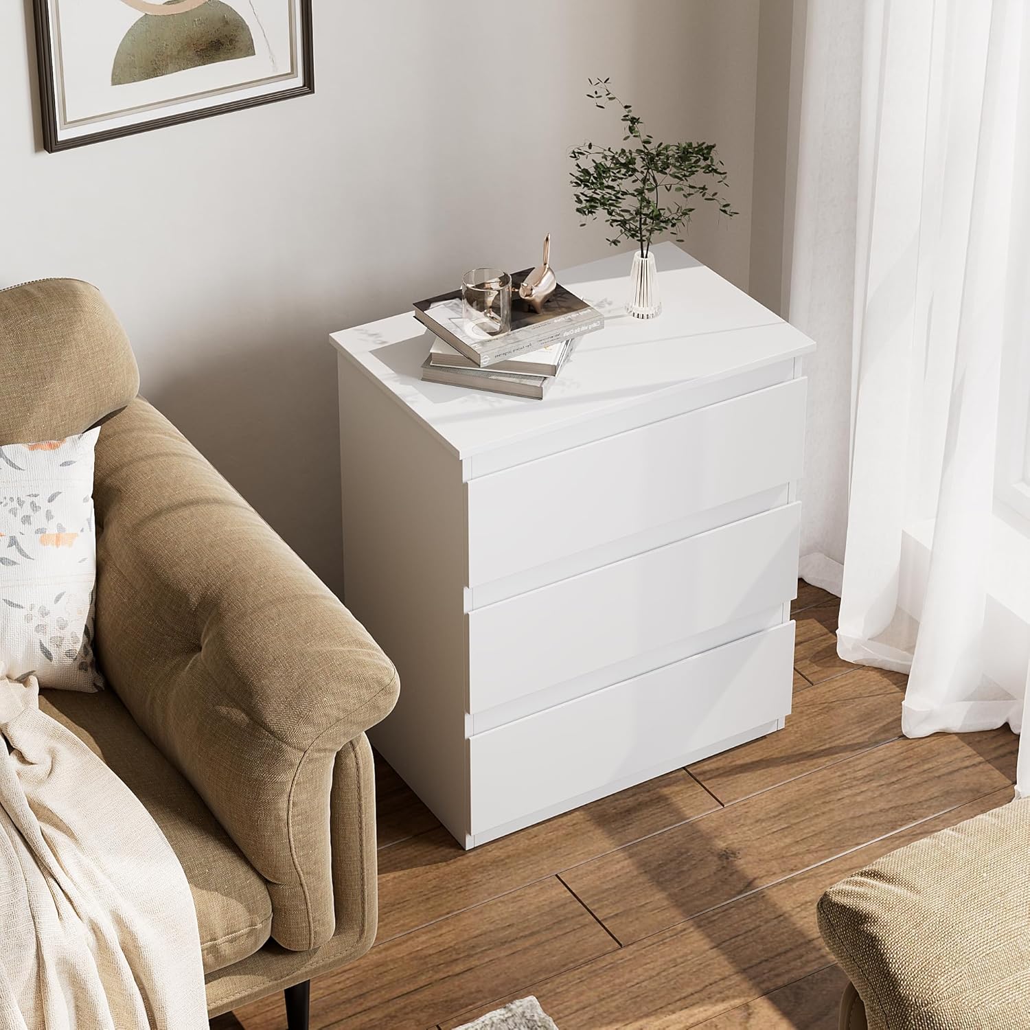 White 3 Drawer Storage Bedside Nightstand Side Table