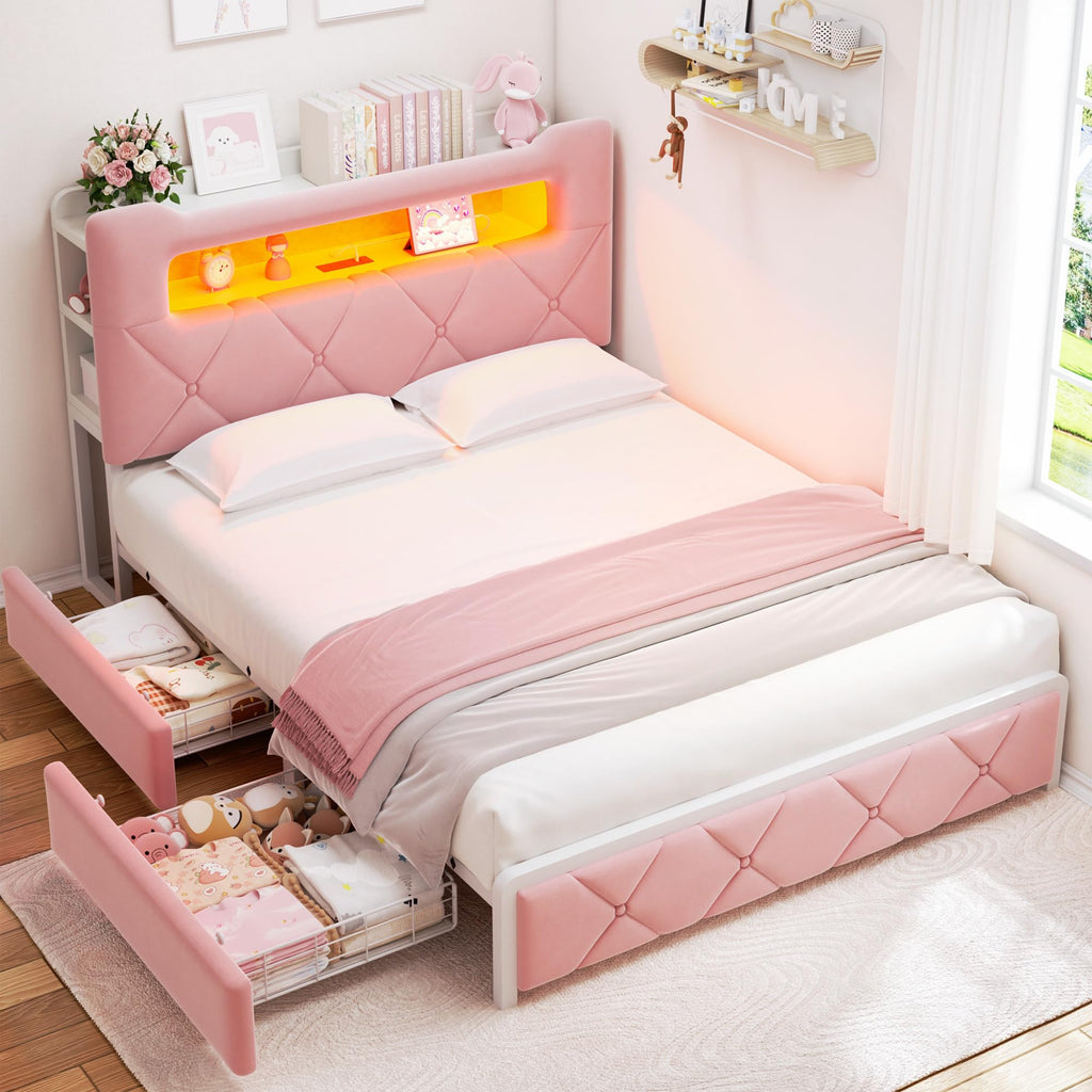 Grey Velvet Full LED Bed Drawers Charging Headboard