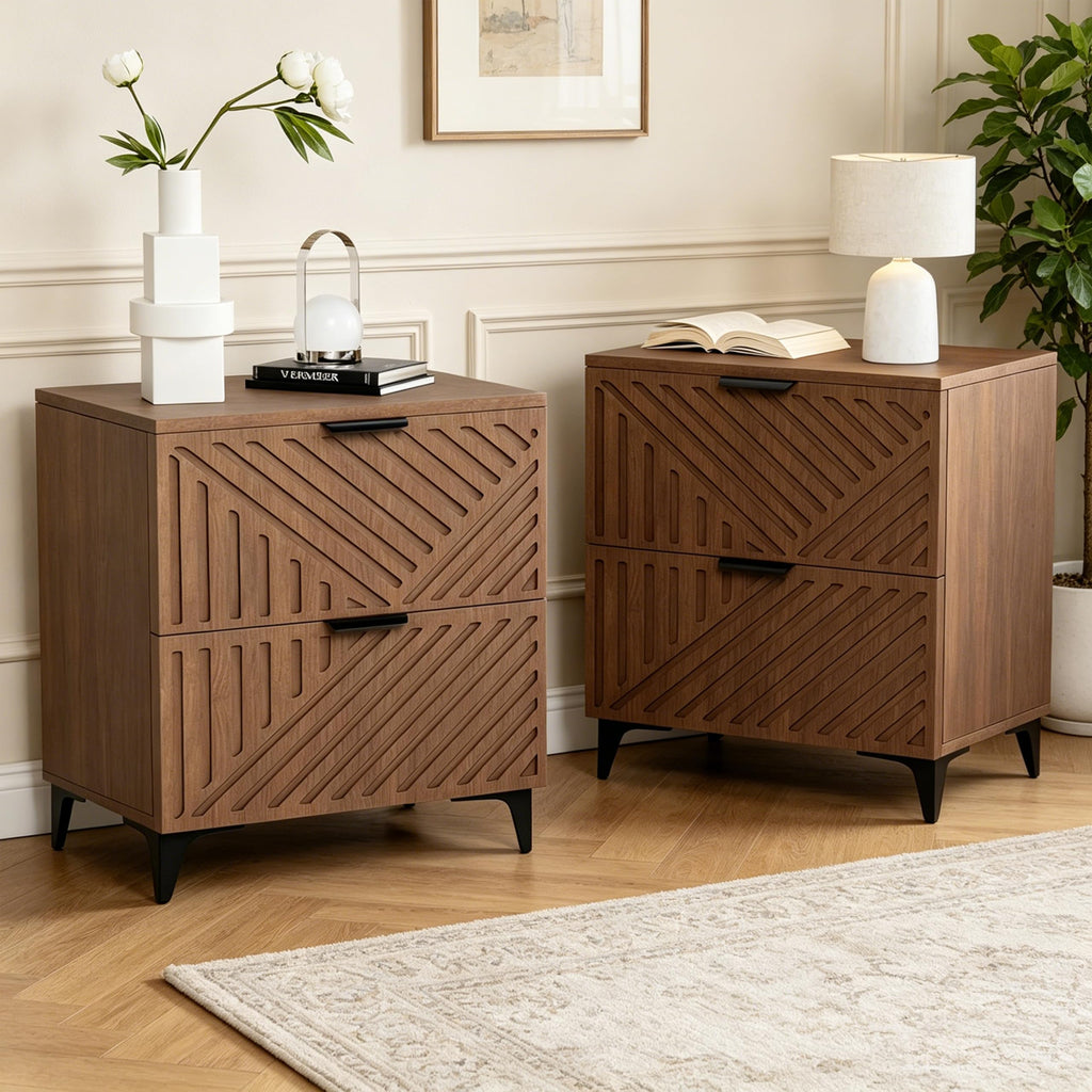 Brown Fluted 3 Drawer Oversized Bedroom Nightstand