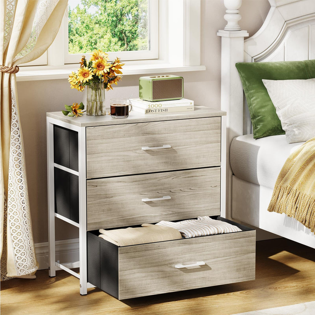 Wood Top Fabric 3 Drawer Bedroom Nightstand Dresser
