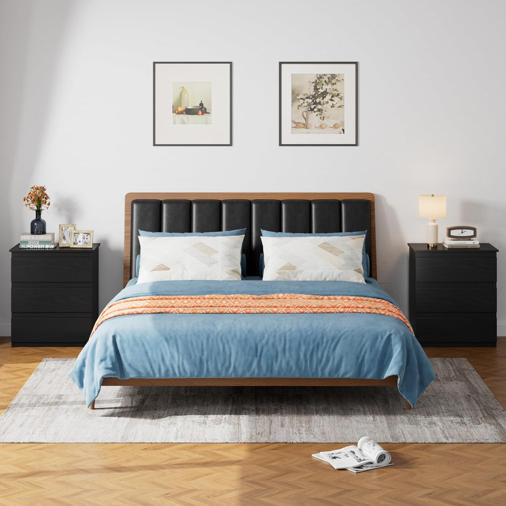 Black 3 Drawer Storage Bedroom Nightstand Side Table
