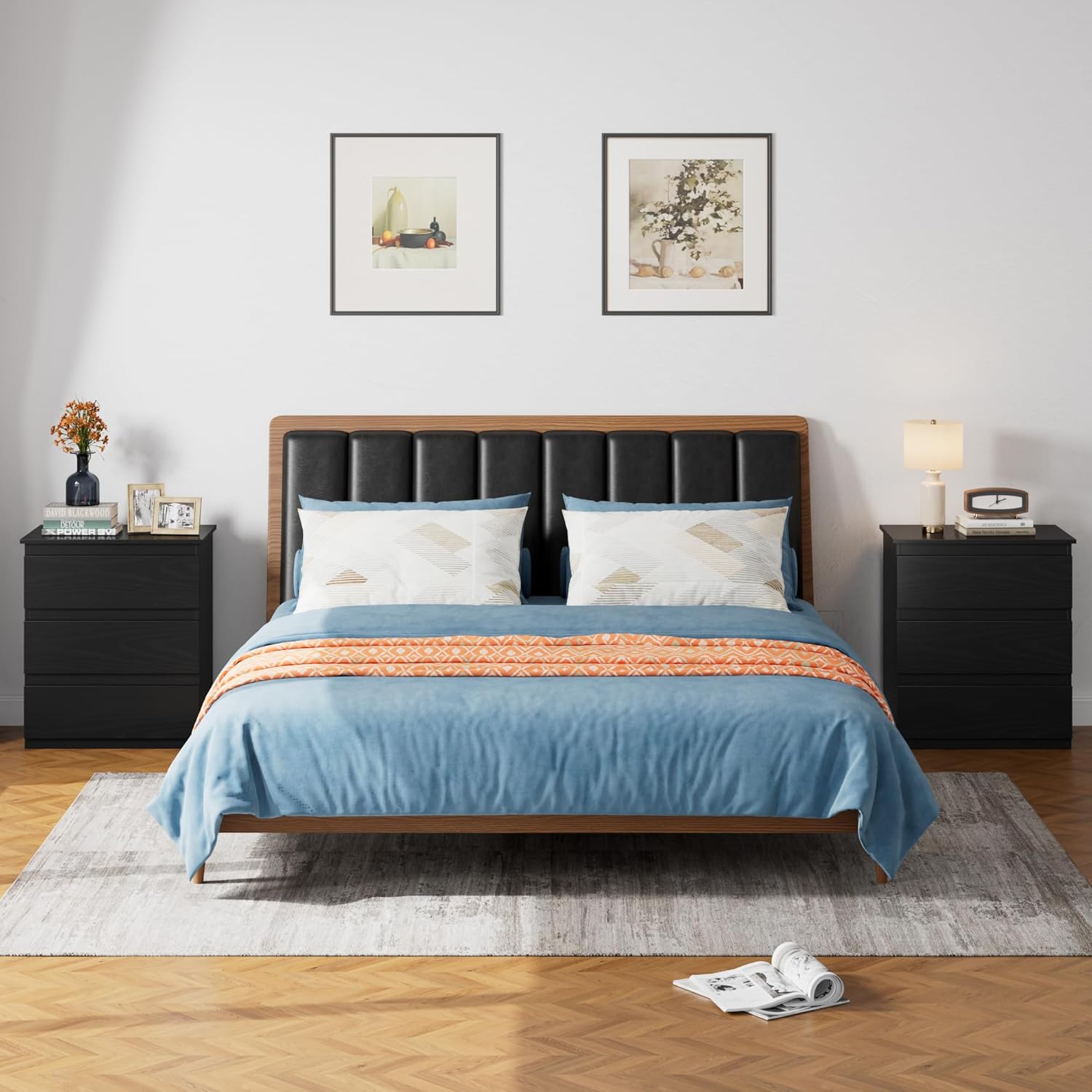 Black 3 Drawer Storage Bedroom Nightstand Side Table