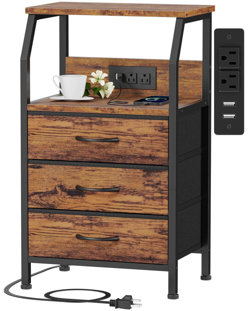 Rustic Brown 5 Drawer Dresser with Charging Station