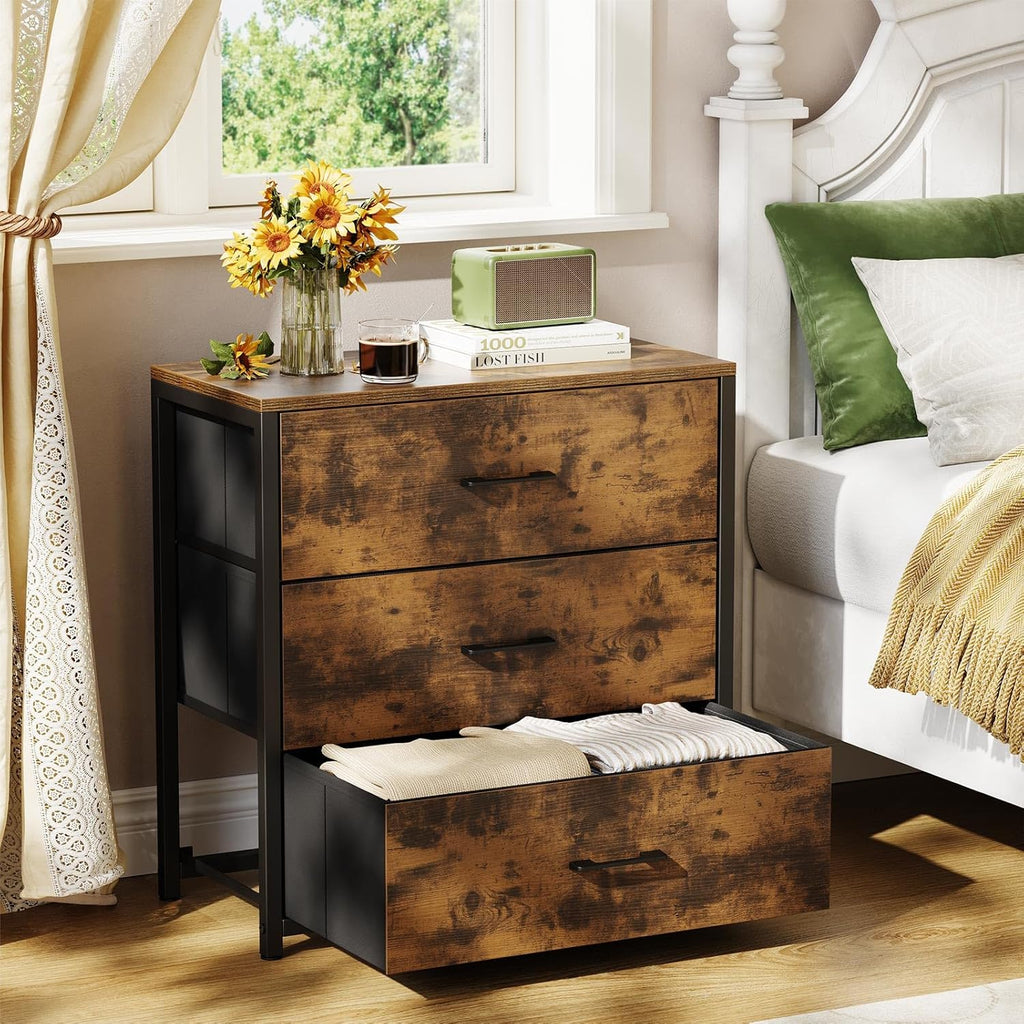 Wood Top Fabric 3 Drawer Bedroom Nightstand Dresser