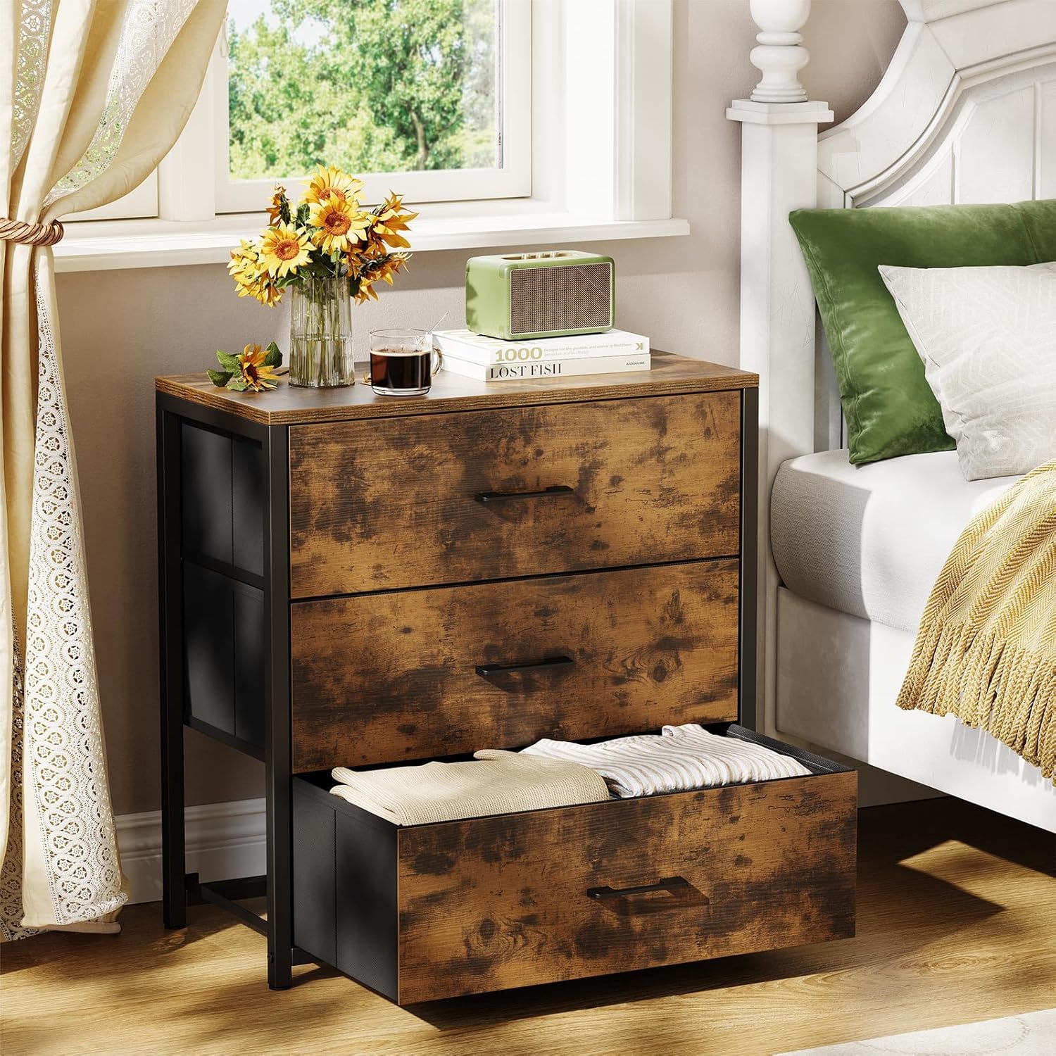 Wood Top Fabric 3 Drawer Bedroom Nightstand Dresser