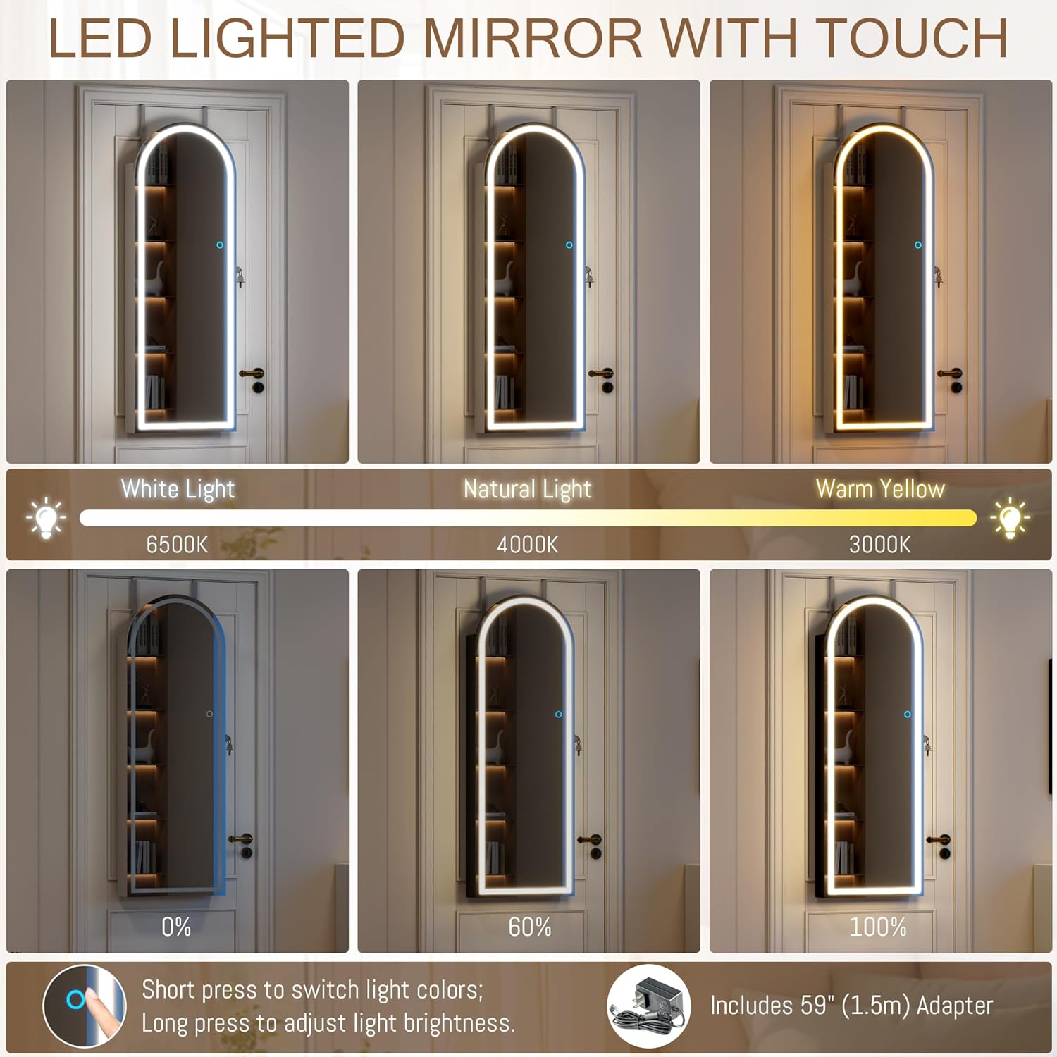 43 Inch White LED Lockable Arched Jewelry Cabinet