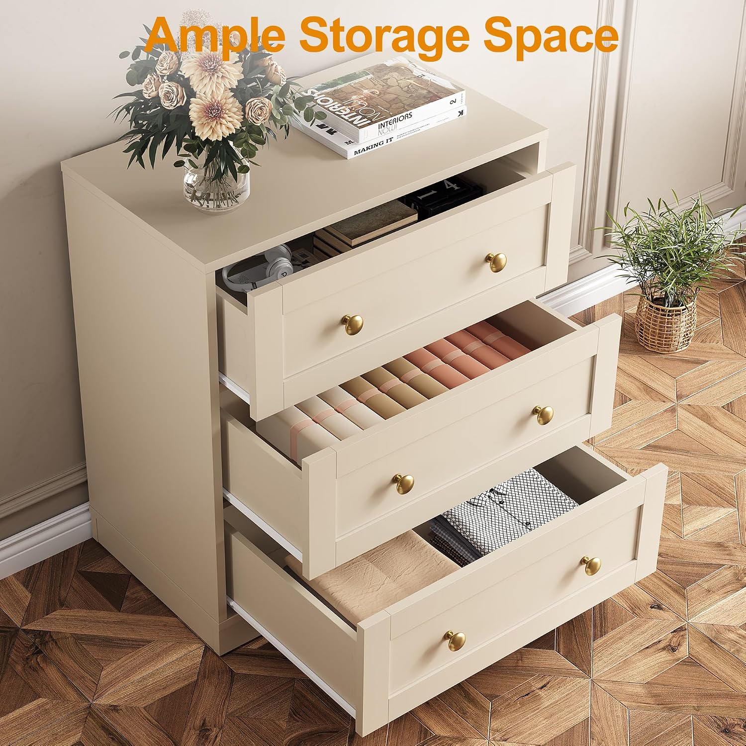 Beige Large Wood 3 Drawer Bedroom Nightstand