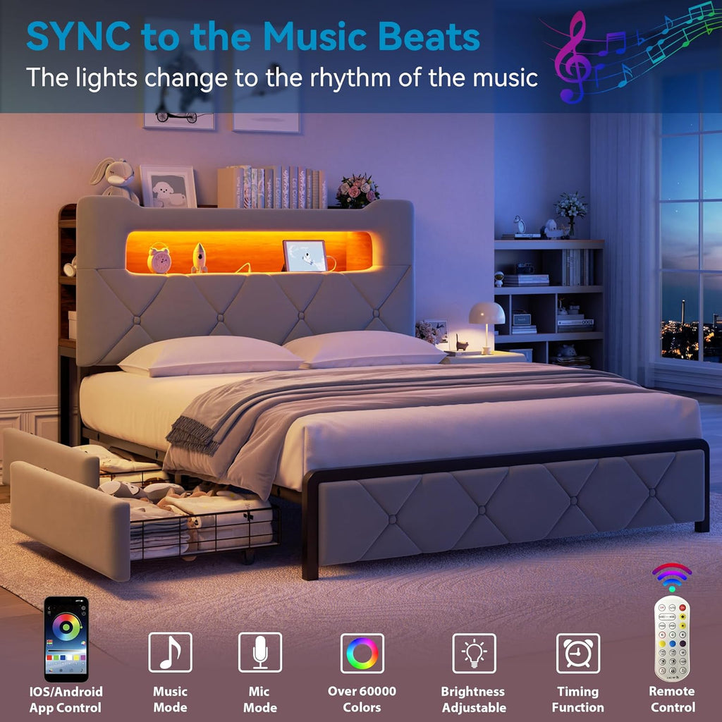 Grey Velvet Full LED Bed Drawers Charging Headboard