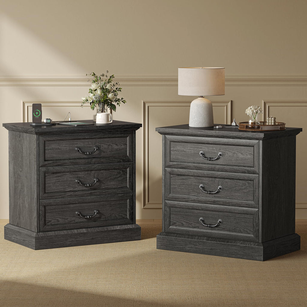 Distressed White 3 Drawer Nightstand with Charging Station