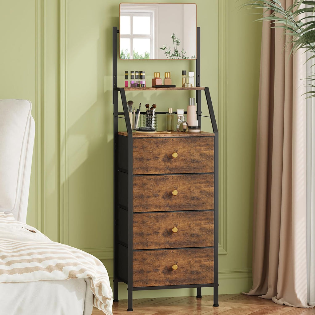 Rustic Brown 4 Drawer Fabric Dresser with Mirror Shelves