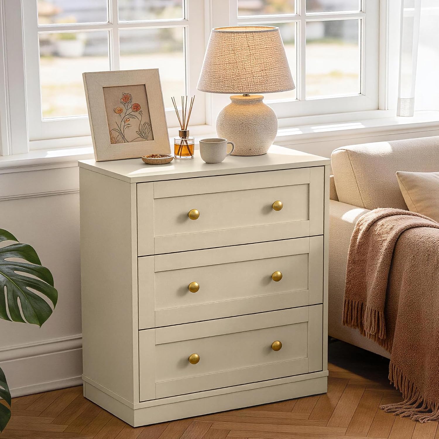 Beige Large Wood 3 Drawer Bedroom Nightstand
