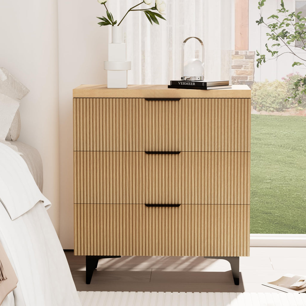 Brown Fluted 3 Drawer Oversized Bedroom Nightstand