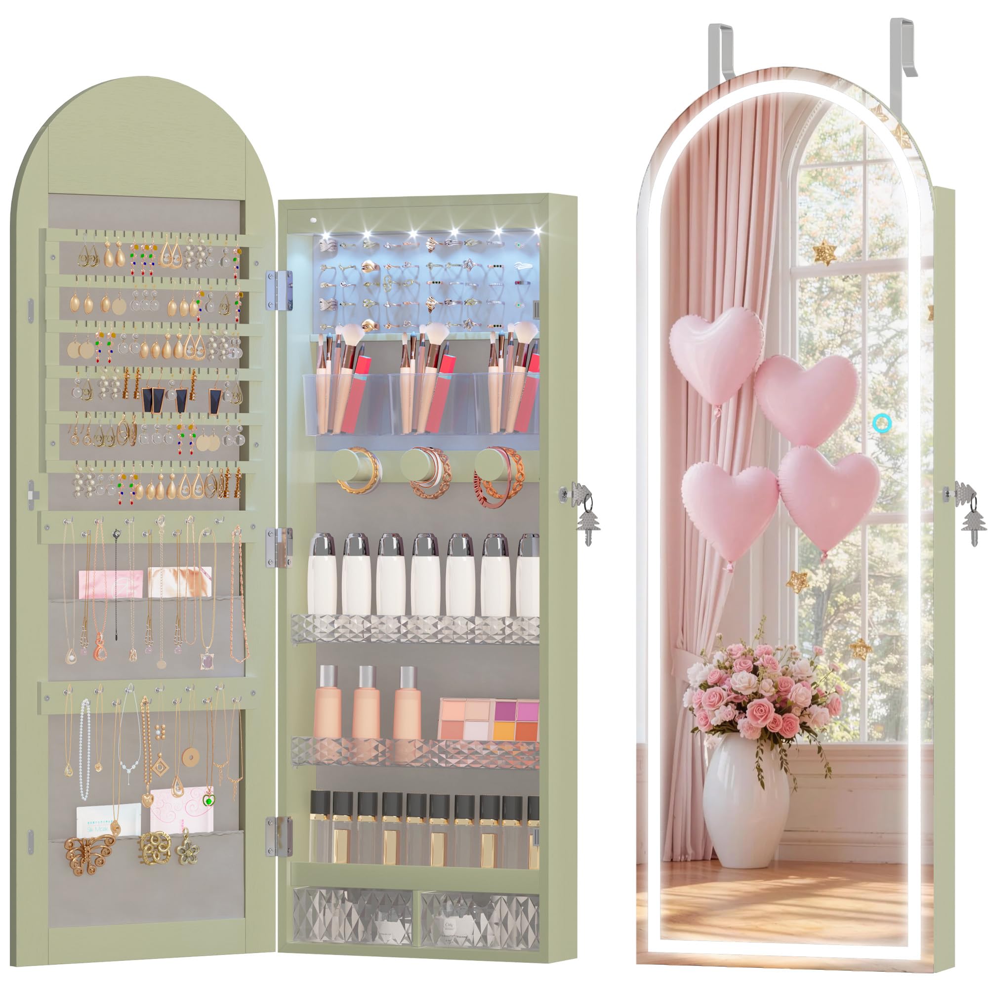 43 Inch White LED Lockable Arched Jewelry Cabinet