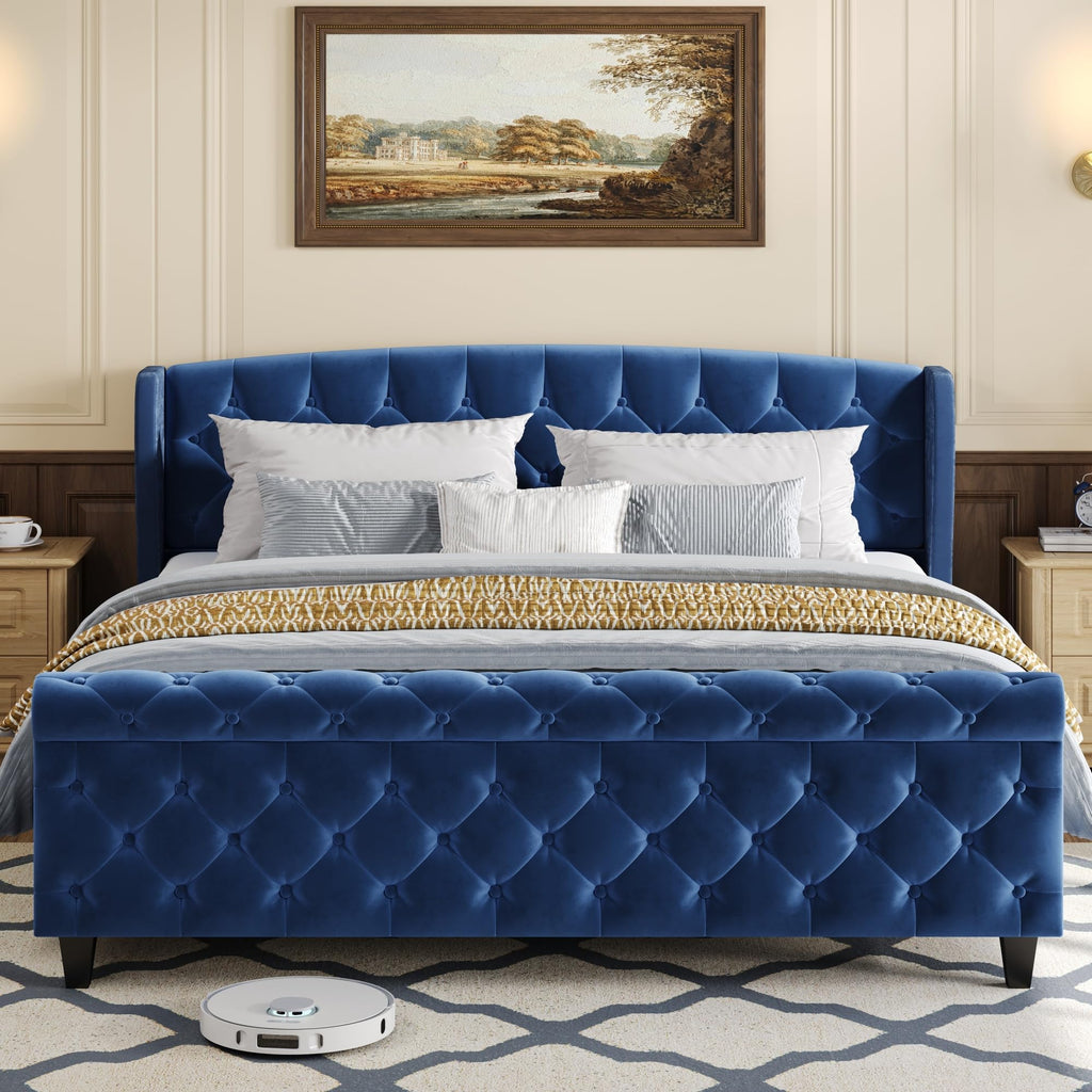 Turquoise Velvet King Sleigh Bed Wingback Tufted Design