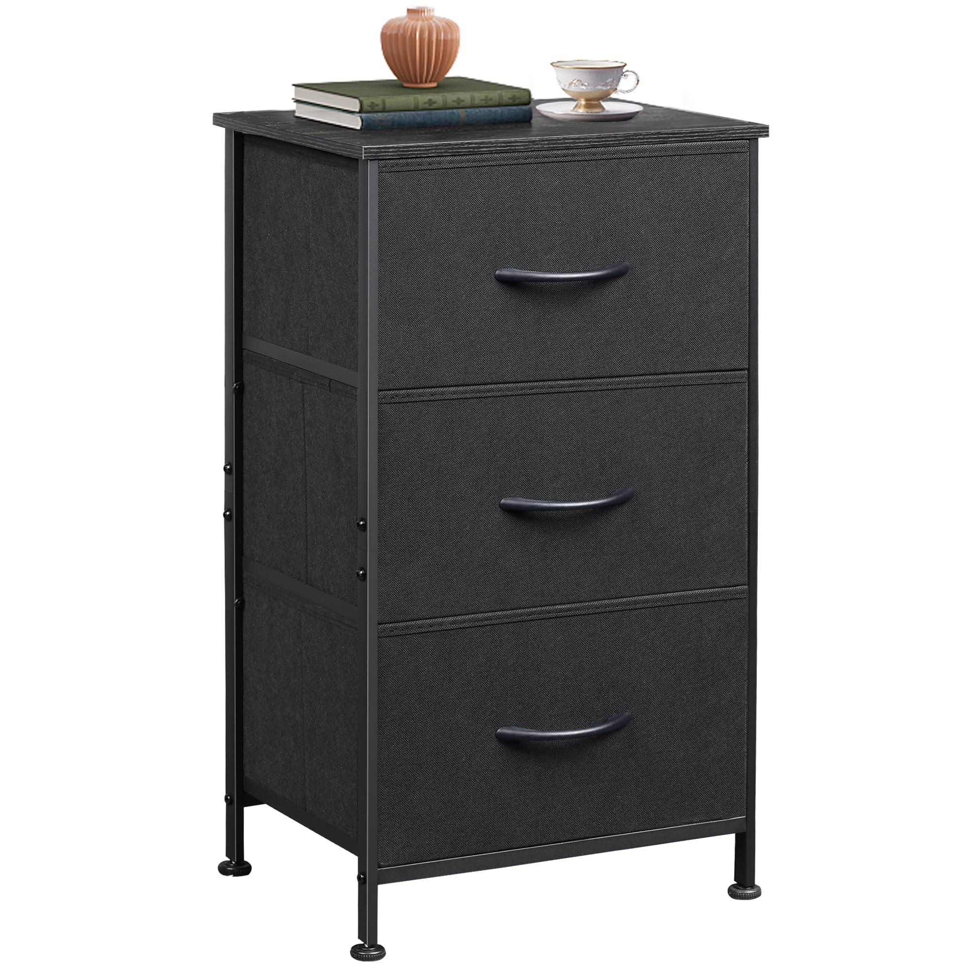 Charcoal Black Wood Top 3 Drawer Fabric Nightstand
