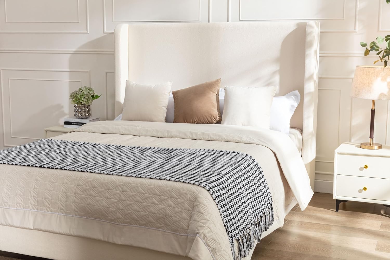 Ivory Boucle Wingback Queen Tall Headboard Platform Bed