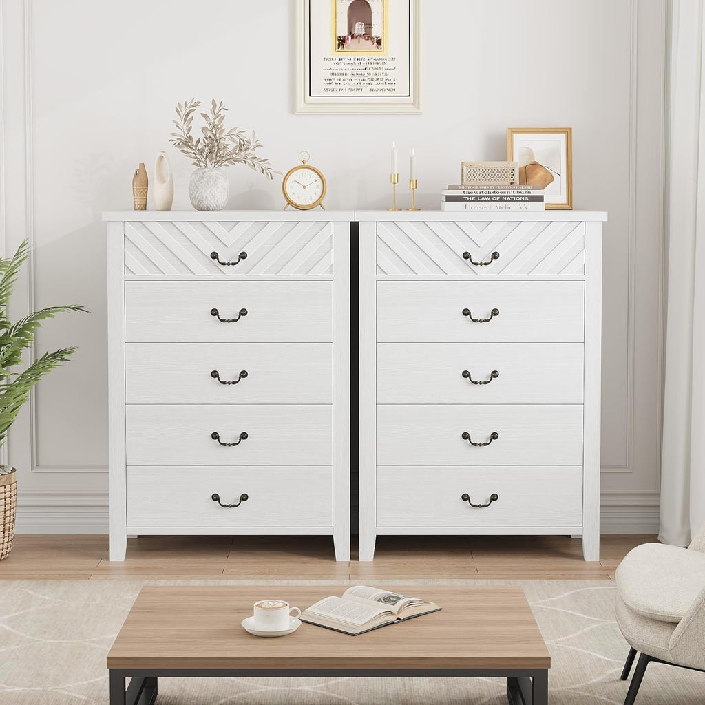 White V-Shape Front 5 Drawer Wooden Storage Dresser
