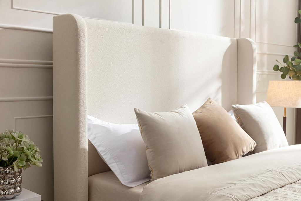Ivory Boucle Wingback Queen Tall Headboard Platform Bed