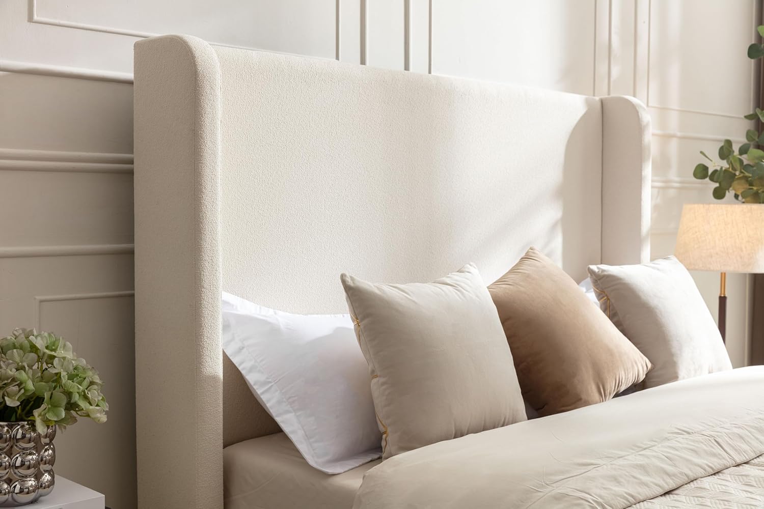 Ivory Boucle Wingback Queen Tall Headboard Platform Bed