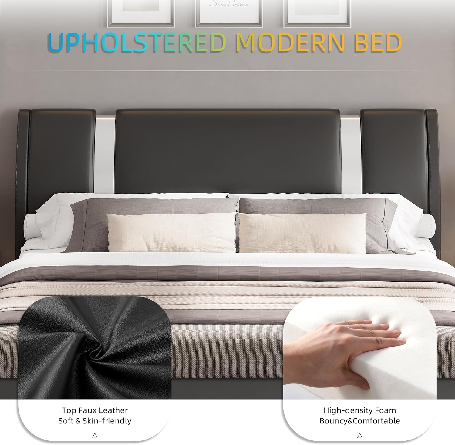 Black Faux Leather Queen Platform Bed Curved Headboard