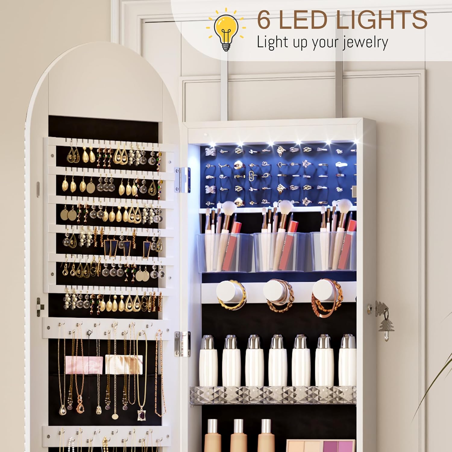 43 Inch White LED Lockable Arched Jewelry Cabinet