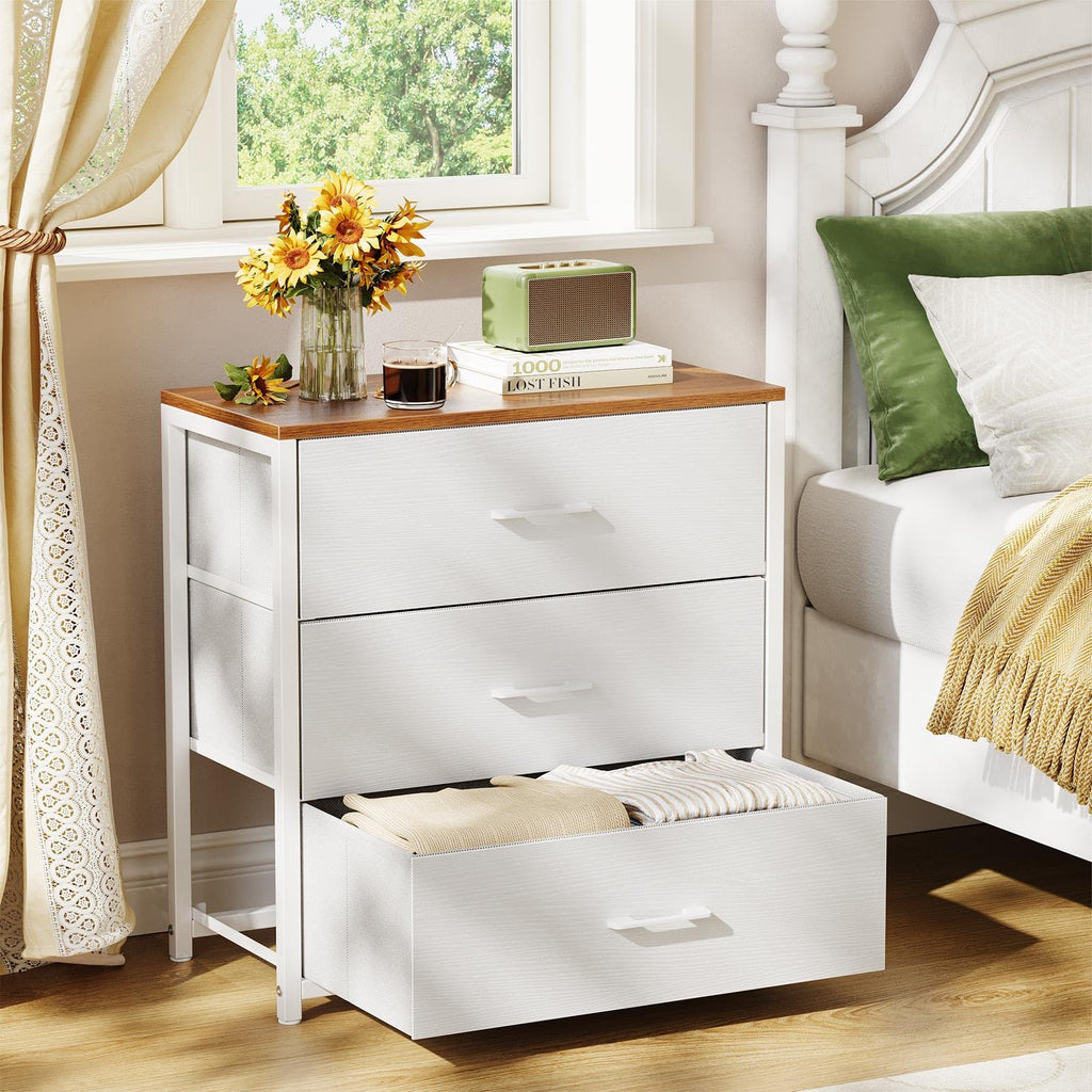 Wood Top Fabric 3 Drawer Bedroom Nightstand Dresser