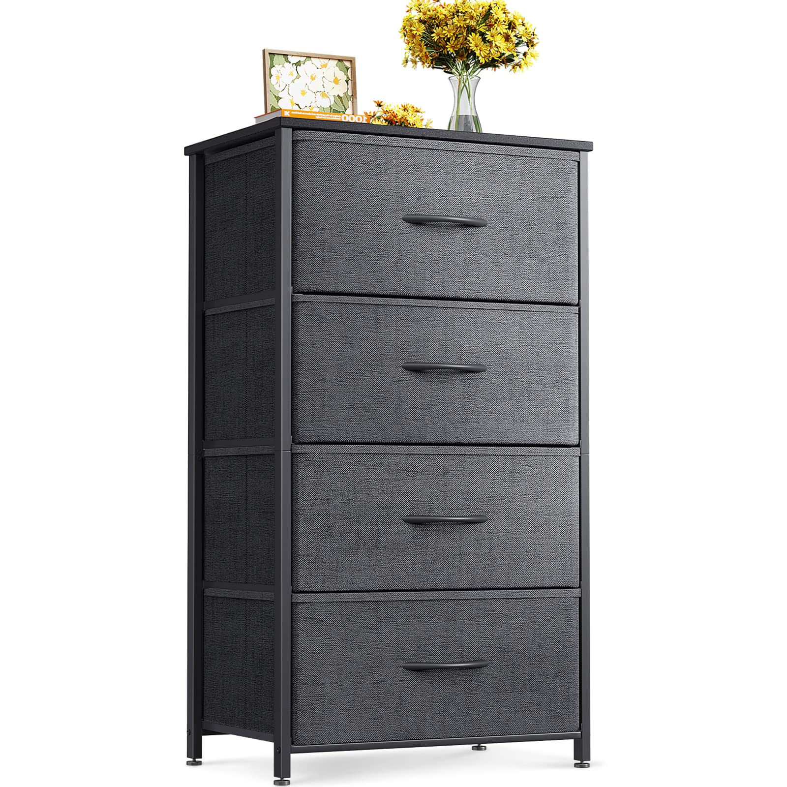 Black Wood Top 4 Drawer Small Fabric Dresser Cabinet