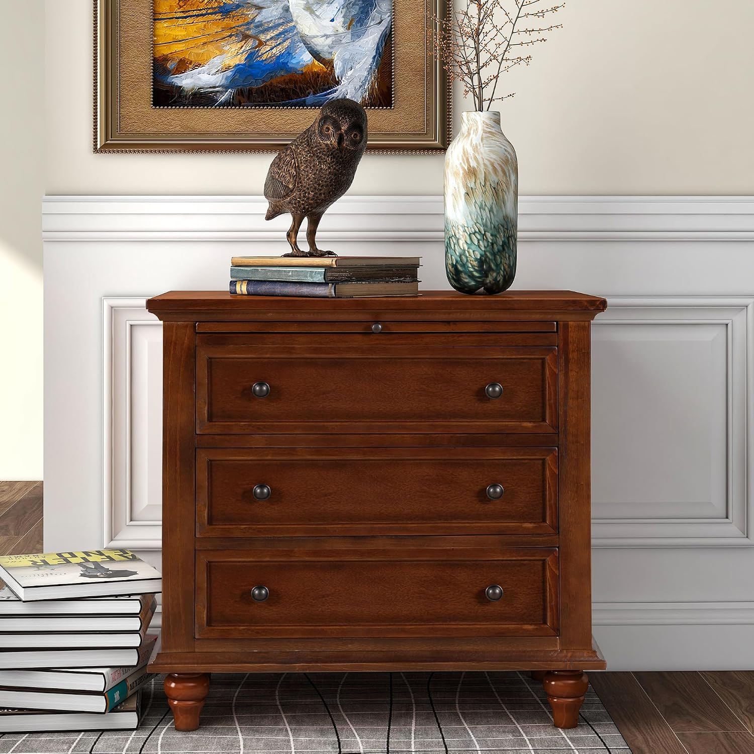 Brown Wood Nightstand 3 Drawers with Pull Out Tray