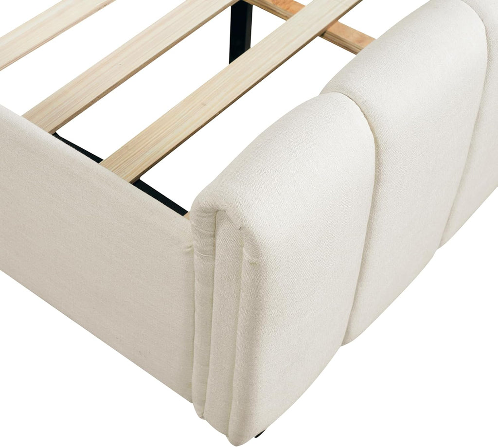 Beige Linen Cal King Curved Panel Bed Frame