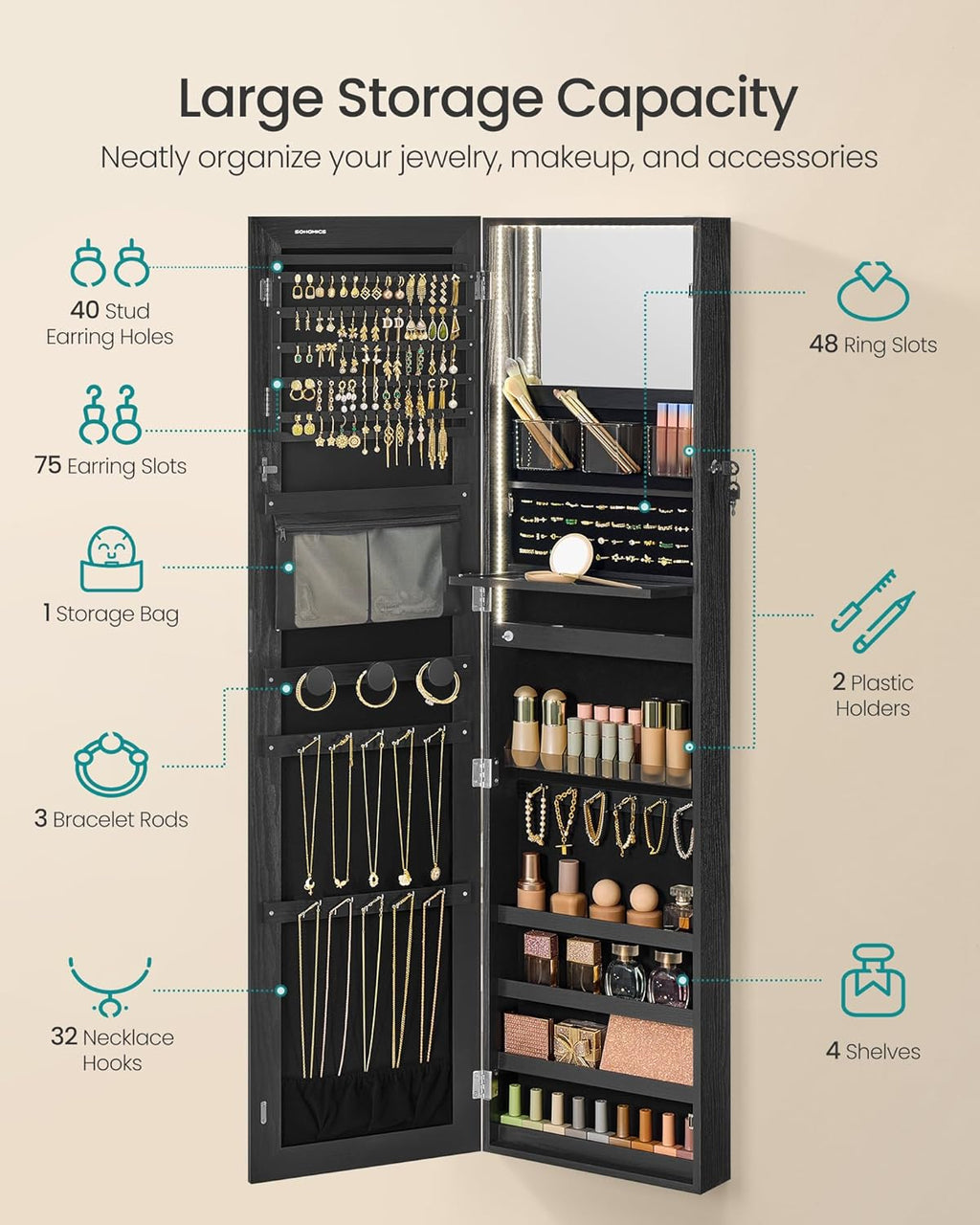 55 Inch Black LED Lockable Mounted Jewelry Cabinet
