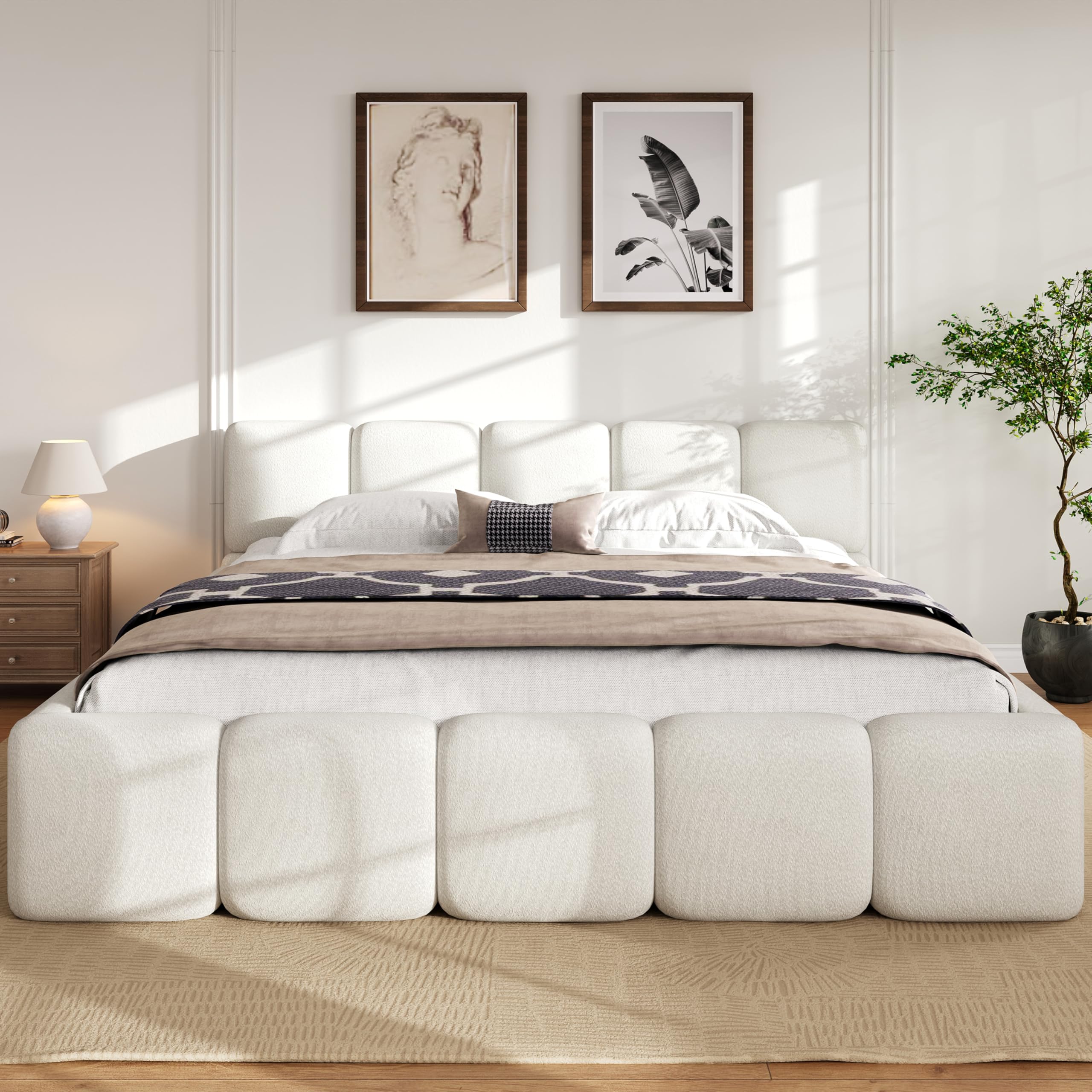 Beige Linen Cal King Curved Panel Bed Frame