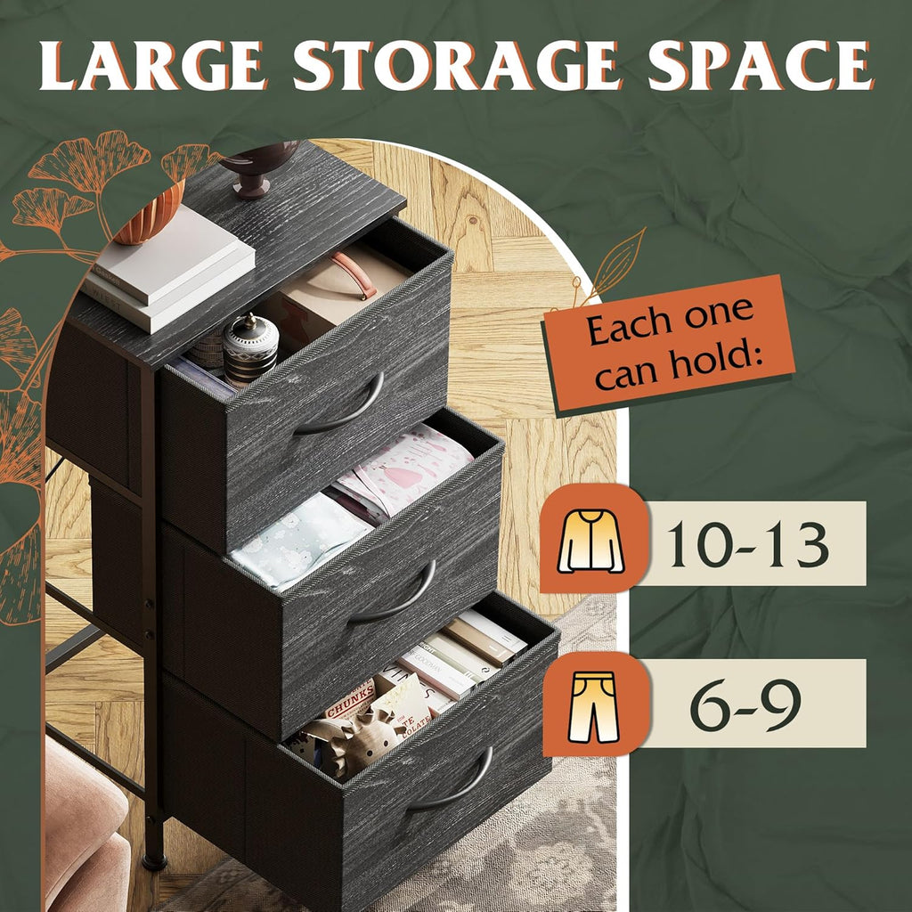 Charcoal Black Wood Top 3 Drawer Fabric Nightstand