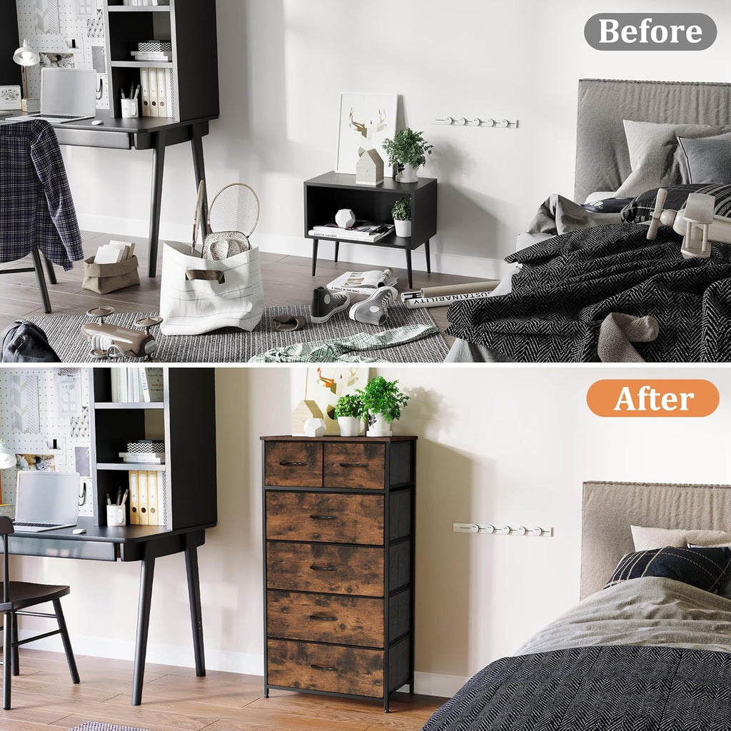 Rustic Brown Wood Top 6 Drawer Slim Fabric Dresser