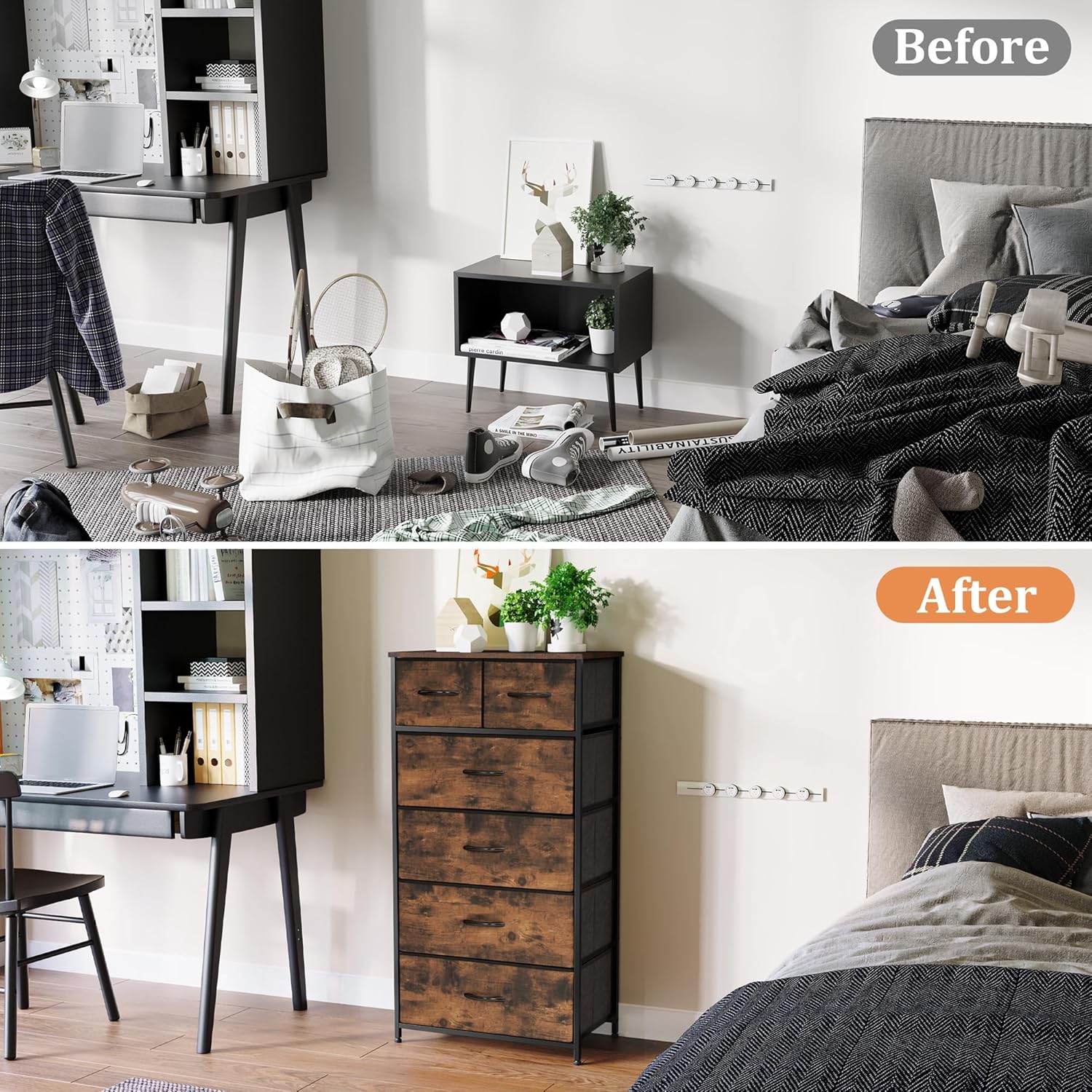 Rustic Brown Wood Top 6 Drawer Slim Fabric Dresser